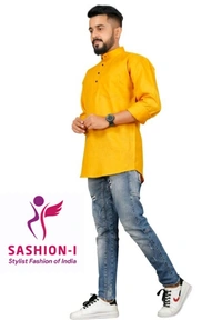 Men's Stylish Full Sleeve Short Kurta - Yellow